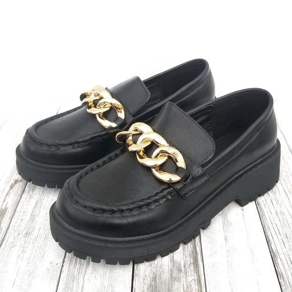 New Wide Black Gold Chain Slip On Platform Penny Loafers - Picture 2 of 3